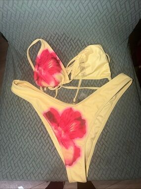Yellow Bikini Set with Pink Floral Accents